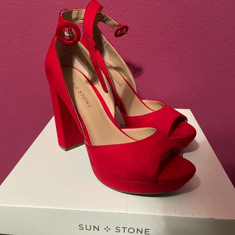 Sun + Stone Red Suede Peep-Toe Heels